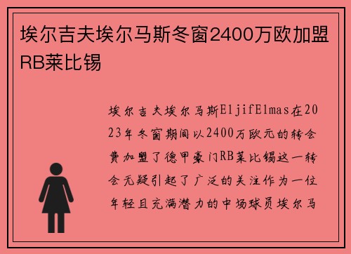 埃尔吉夫埃尔马斯冬窗2400万欧加盟RB莱比锡