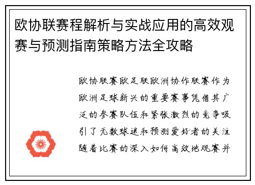 欧协联赛程解析与实战应用的高效观赛与预测指南策略方法全攻略